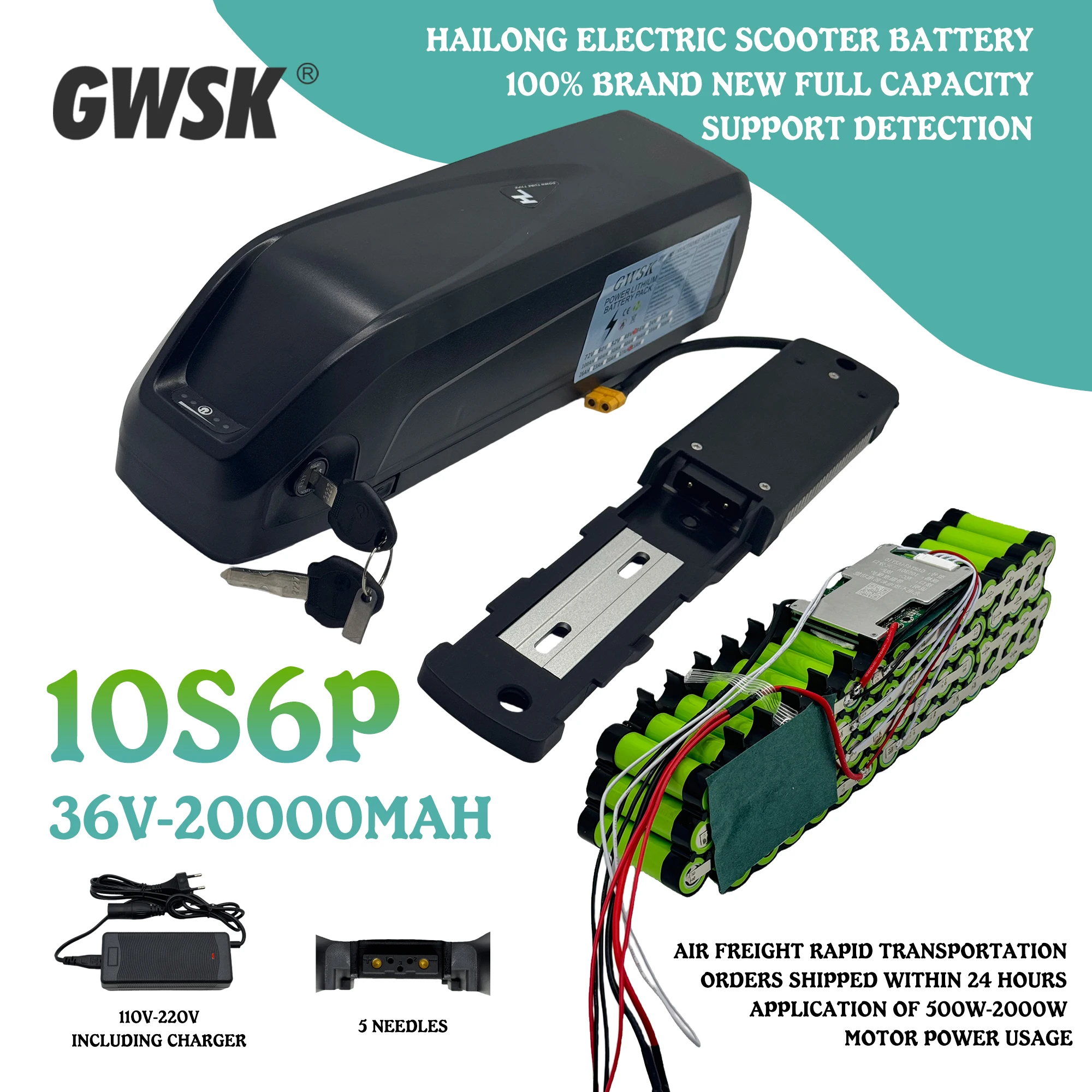 

Air rapid transportation, full capacity 36V18650 Hailong 5-pin battery, 20AH lithium battery pack, suitable for 250-3000W