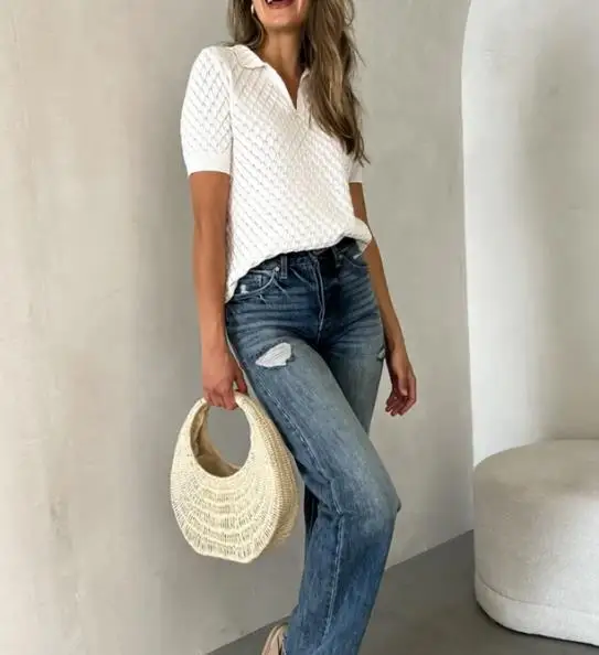 

Casual women's T-shirt with summer temperament British lapel hollow design slim fit short sleeved T-shirt suitable for daily use