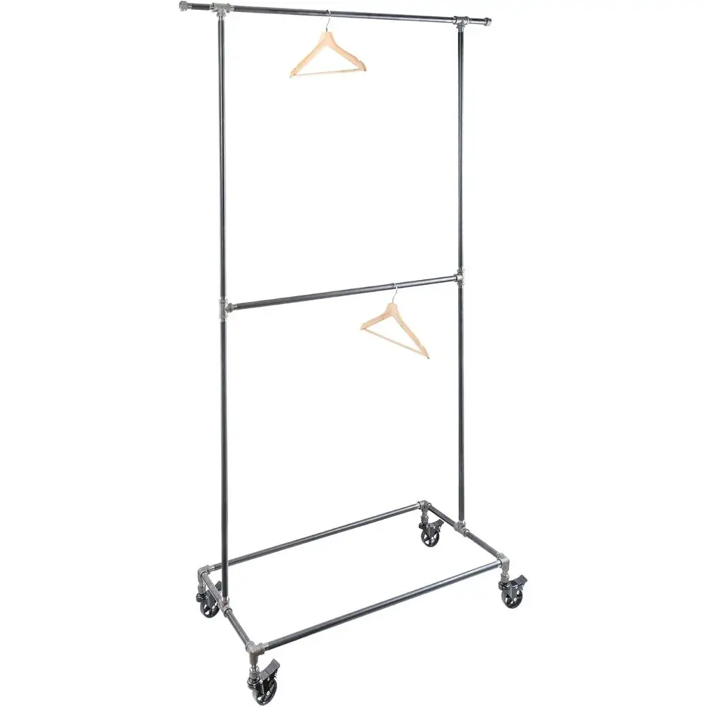 39” x 20 ¼” x 82” Rolling Steel Pipe Double Rod Clothing Rack, Commercial or Residential Industrial Clothes Display, Heavy Duty