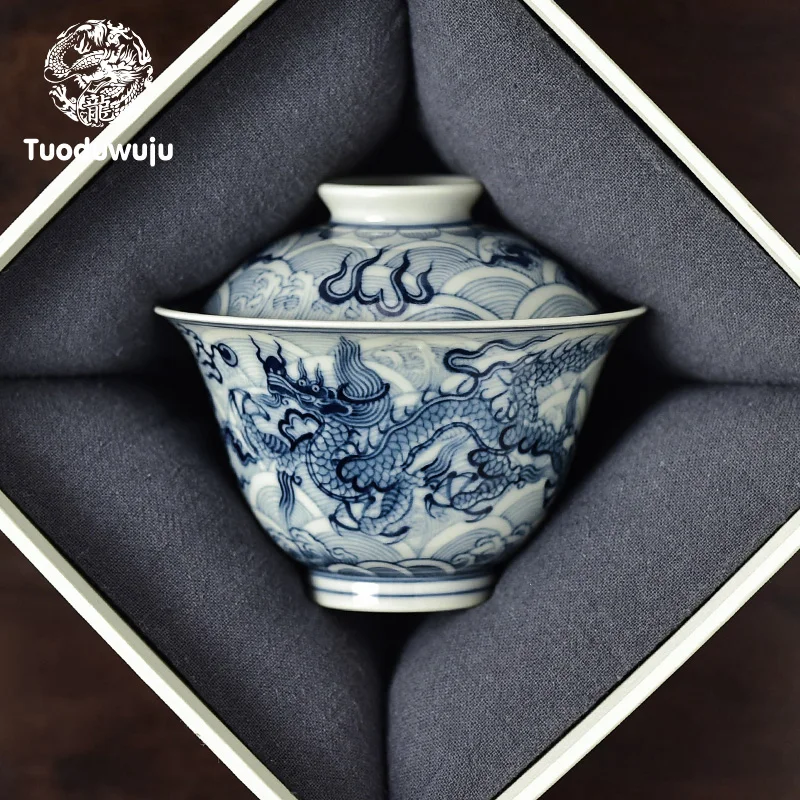 Jingdezhen-Blue and White Dragon Teng Lid Bowl, Ceramic Hand-painted Lid Bowl, Tea Cup, Chinese Tea Set, XH190