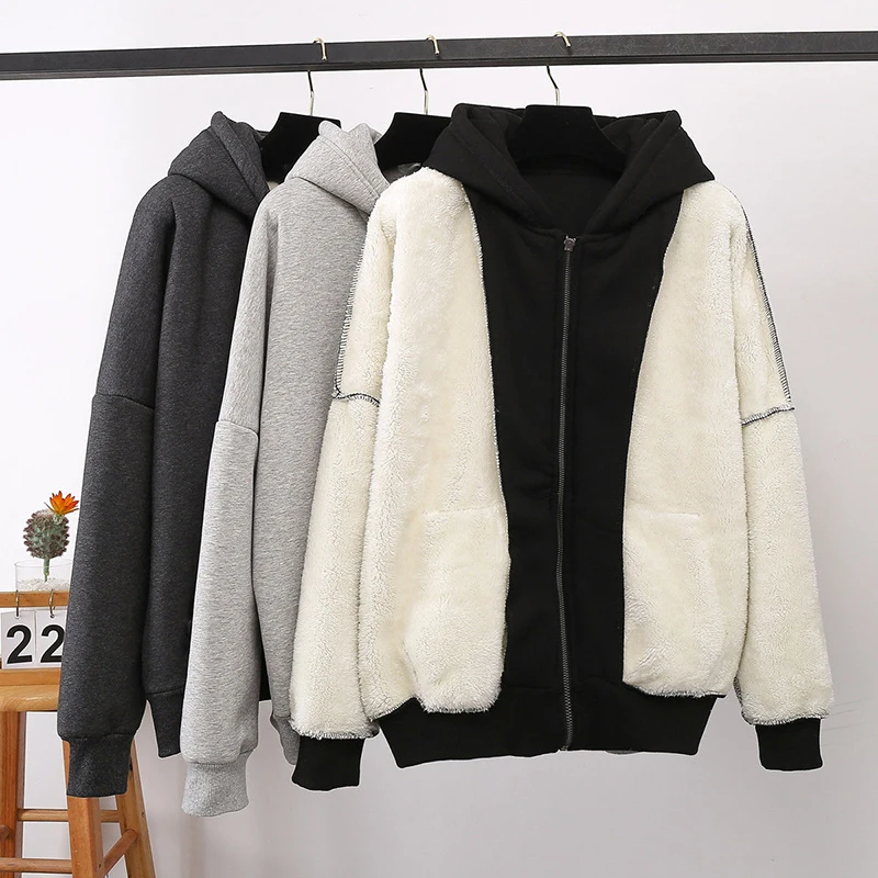 Warm Jacket Women Solid Hoodies Coat Autumn Winter Lamb Wool Fleece Loose Plus Sizes Thick Zipper Female Sweatshirt Grey Black