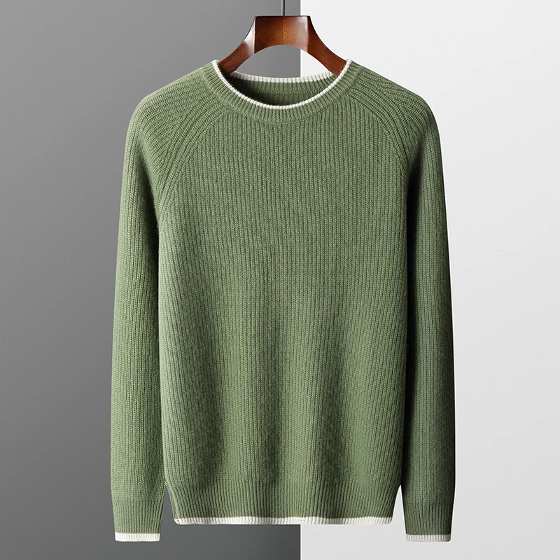 100%Merino Wool Knitted Sweater Men's O-Neck Loose Ingot Needle Pullovers Fashion Color Matching Long-Sleeved Tops Thicken Shirt