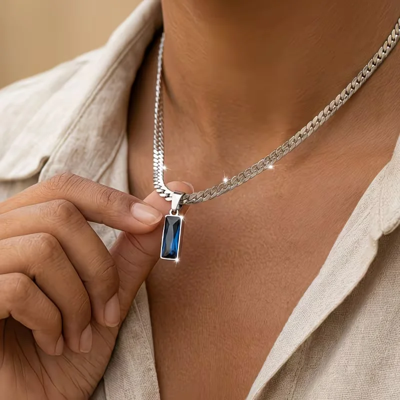Stilvolle geometrische quadratische Steinanhänger-Halsketten für Herren aus Edelstahl mit flacher kubanischer Kette, Hip-Hop-Schmuck, Geschenke für Ihn.