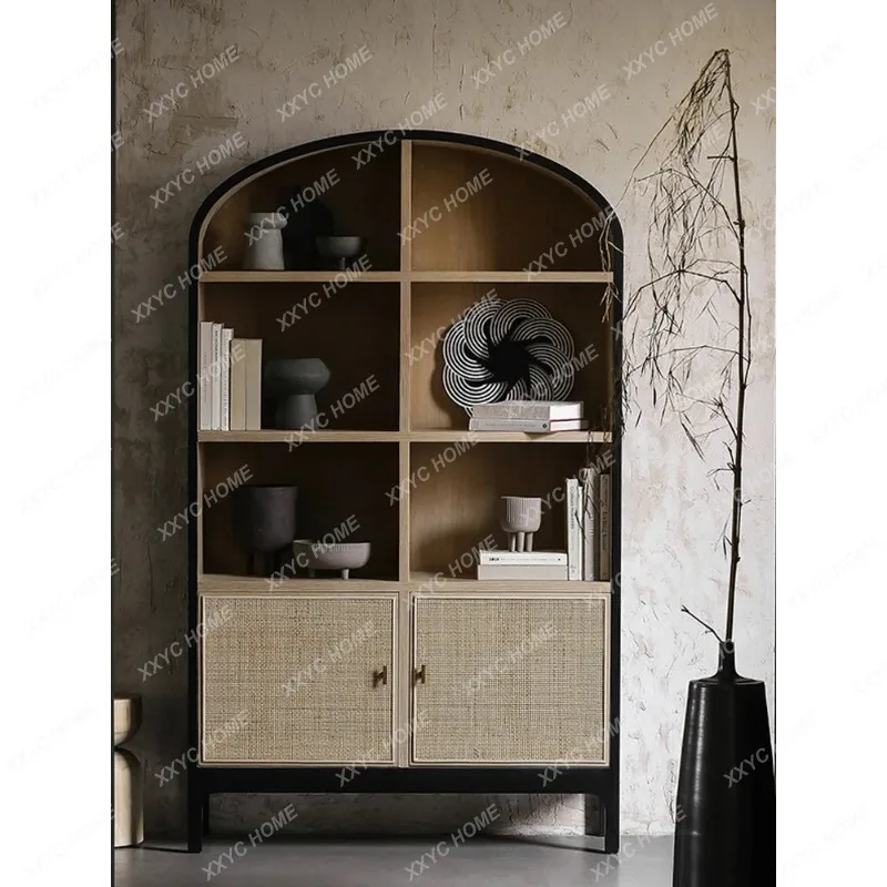 XXSolid Wood Bookcase Light Luxury Rattan Floor-standing Small Bookshelf Wine Cabinet  Sideboard  Style