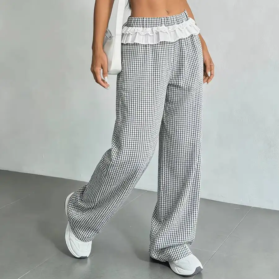Women Plaid Wide Leg Pants Ruffle Elastic High Waist Loose Cropped Trousers Casual Check Capri Pants