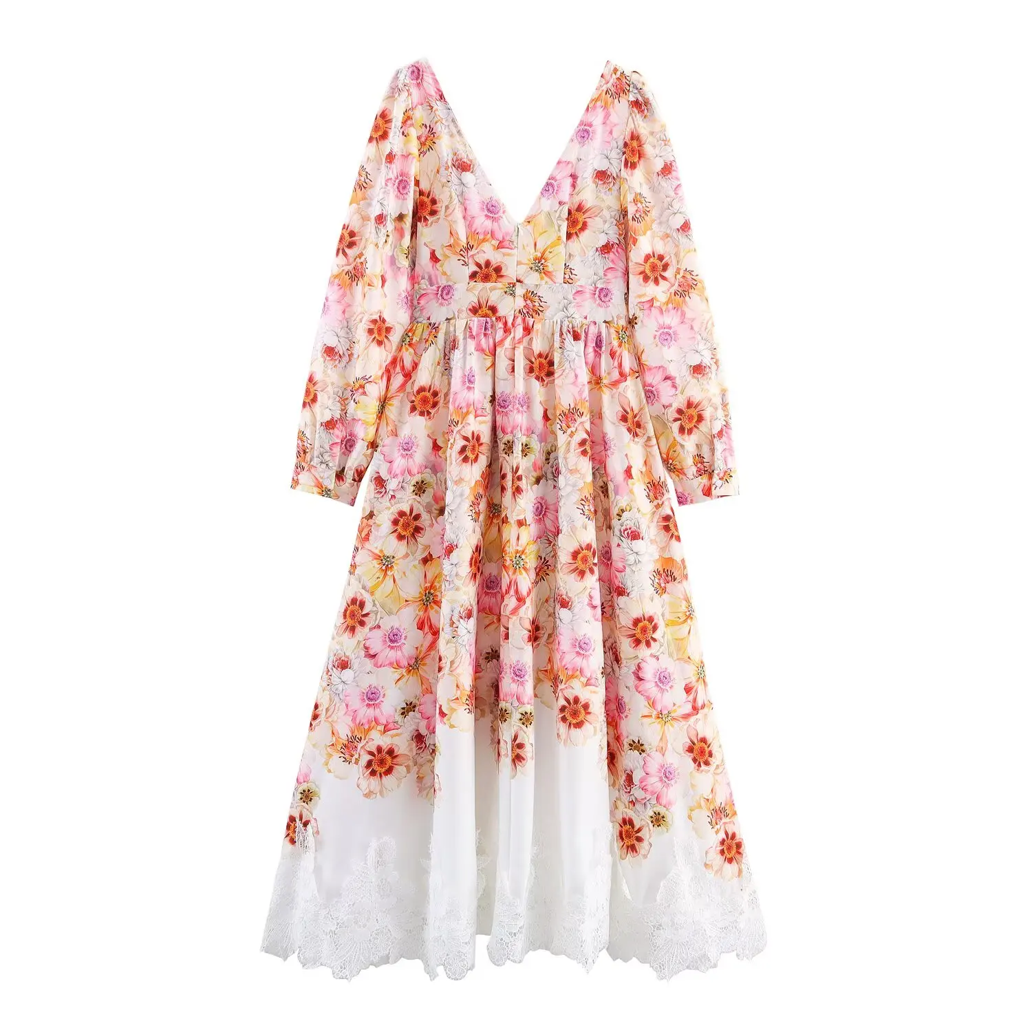 Französisch Sle Gedruckt Lange Dr frauen Faion V-ne Taille-ausgesetzt Floral Spitze Saum Herbst Neue Ankunft Casual Wear