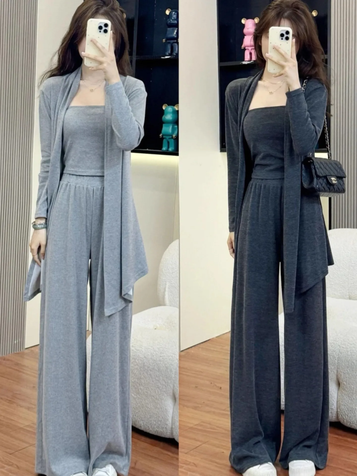 

Spring and Autumn Women's Age Reducing Cardigan Strapless Wide Leg Pants Three Piece Set Lazy Style Sports and Leisure Suit