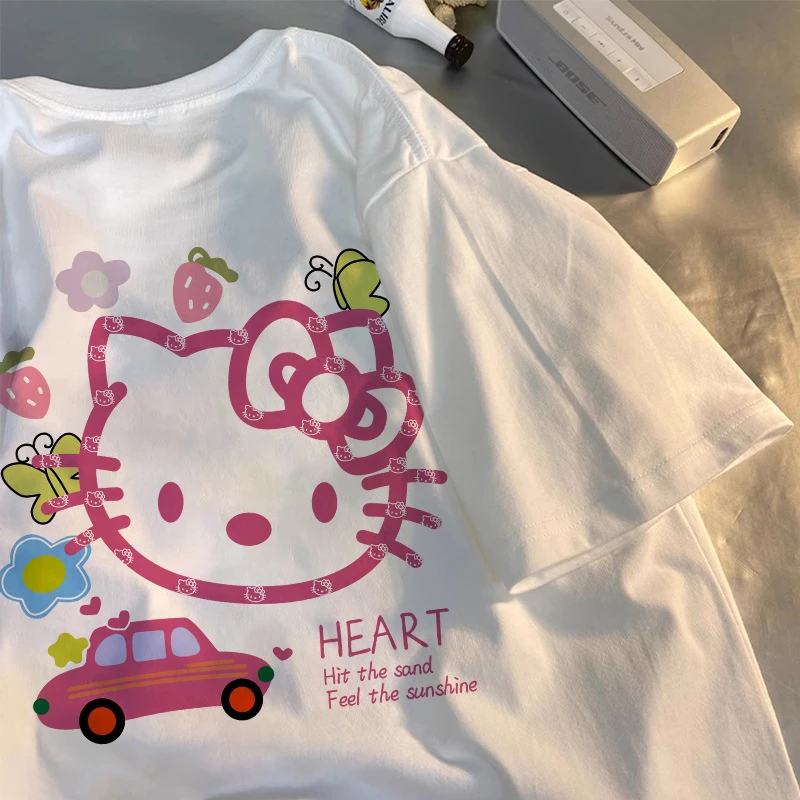 Kawaii Sanrio Hello Kitty karikatür Y2K T Shirt kız sevimli Anime Kitty kedi Harajuku Ullzang T-shirt grafik Streetwear Tshirt kadınlar