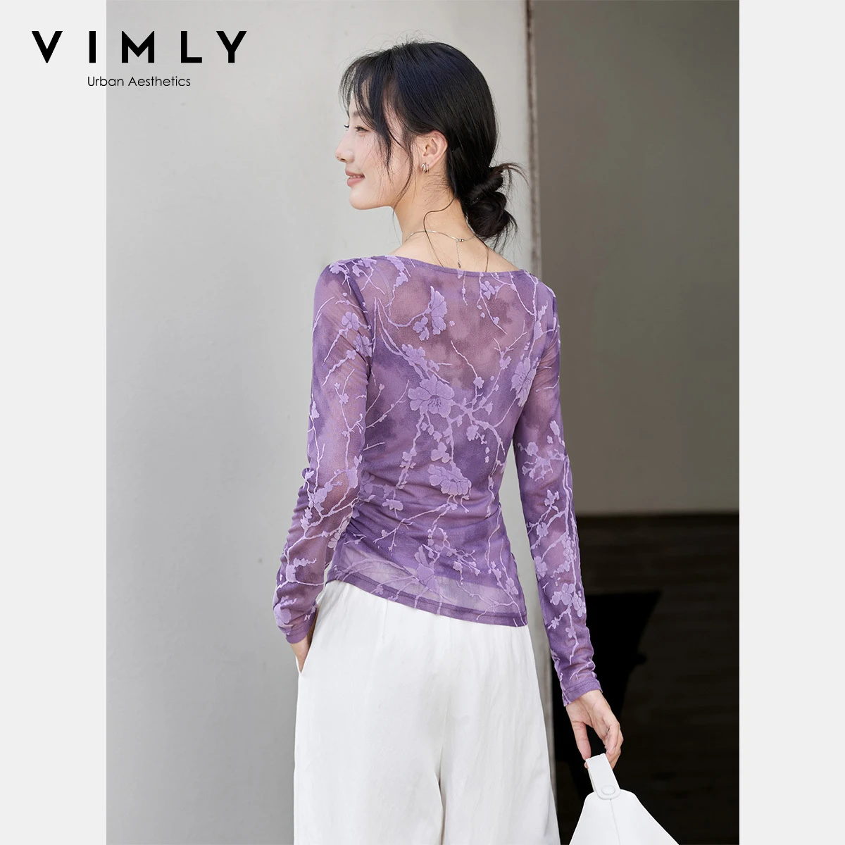 VIMLY امرأة الموضة الأزهار طباعة سوينغ الرقبة تي شيرت عادية محبوك سيدة تيز كم طويل سليم صالح الإناث قمة الخريف 2025 A3061 #4