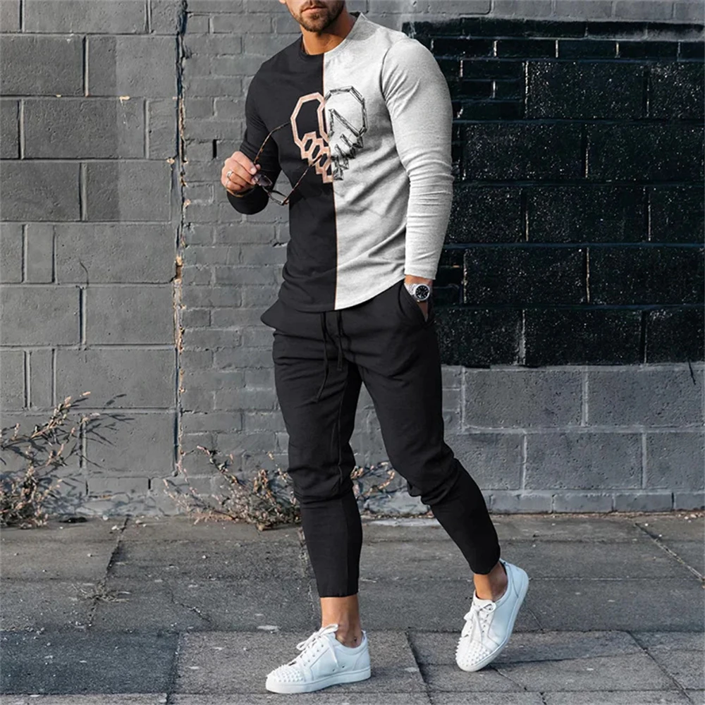 Conjunto de ropa deportiva con estampado 3D de estilo étnico Vintage para hombre, camiseta de manga larga, pantalones, conjunto de 2 piezas, jersey de gran tamaño, ropa de otoño