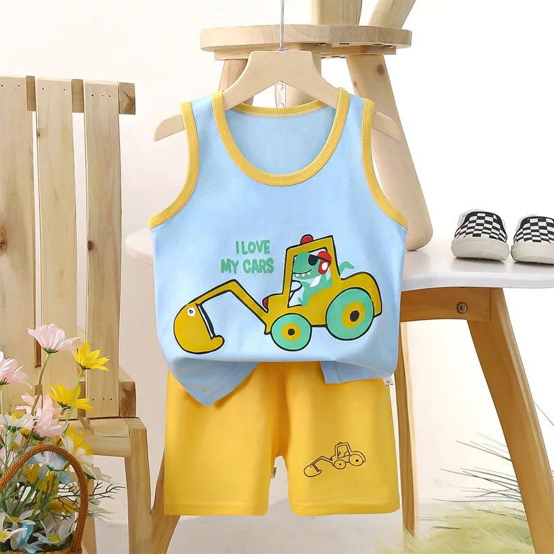 Boys Vest Set Summer Cotton New Clothes Children\'s Sleeveless Cartoon Wool Comfort Set Class A Thin Two-piece Set for 6-9months