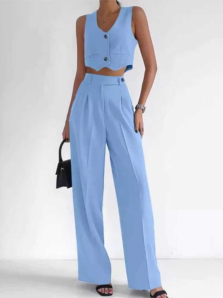 

Women Fashion Office Set Casual Sleeveless V Neck Button Tops+High Waist Wide Leg Pants 2 Piece Sets Lady Summer Womens Clothing