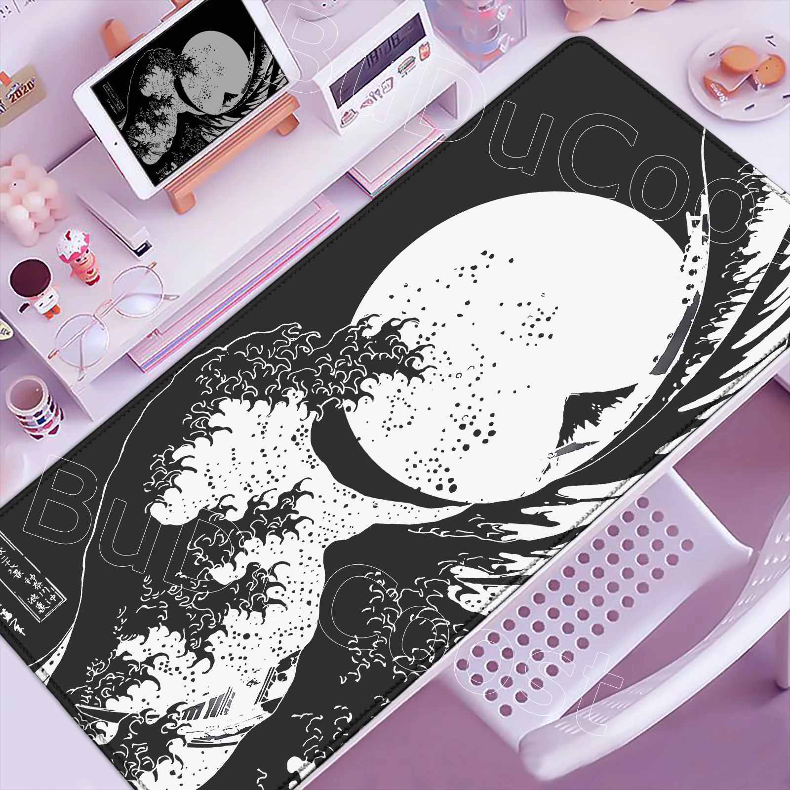 

900x400 мм компьютерный художественный коврик для мыши Cute The Great Wave of Kanagawa, большой игровой коврик для мыши, геймерский резиновый коврик для клавиатуры, коврик для ноутбука, стола