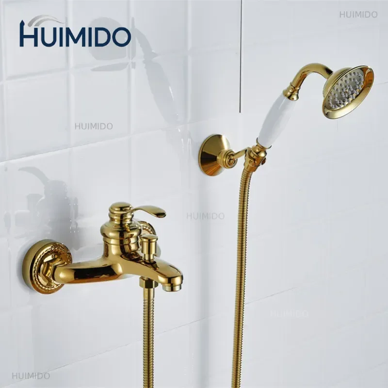 Gold Shower Faucet Set Bathroom Wall Mounted Bathtub Faucet Bathroom Shower Faucets Bath Cold Hot Shower Brass Single Lever