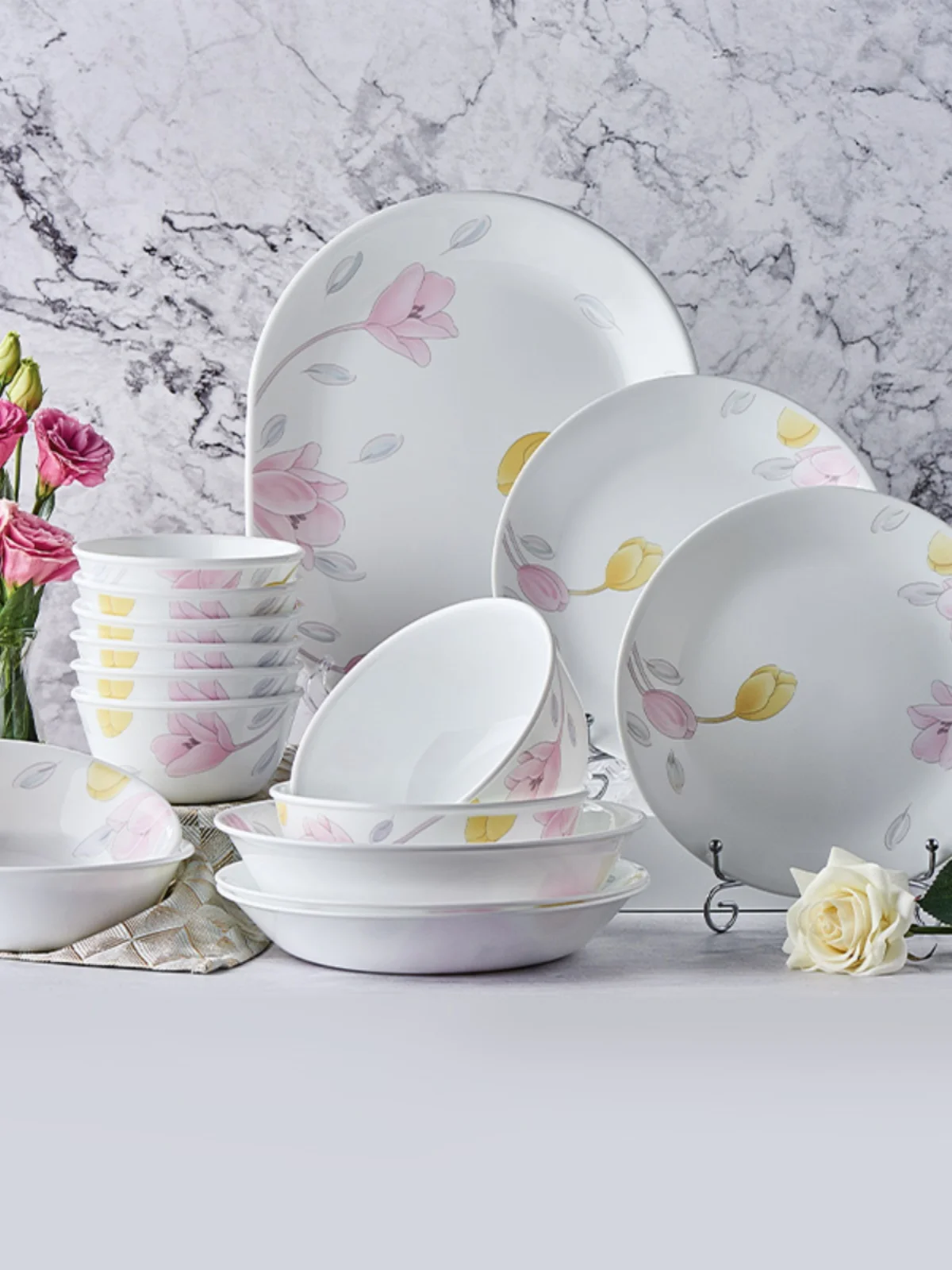 

Corelle Tulip Dining Set High Aesthetic Value Heat Resistant Glass Bowl Home Use Soup Bowl Rice Bowl Porcelain Utensils