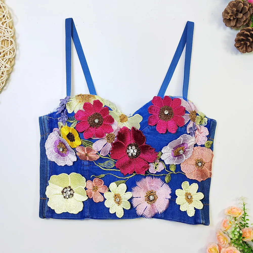 

Джинсовый цельный укороченный топ с вышивкой и цветочным 3D-дизайном, регулируемый ремень, универсальный женский модный жилет