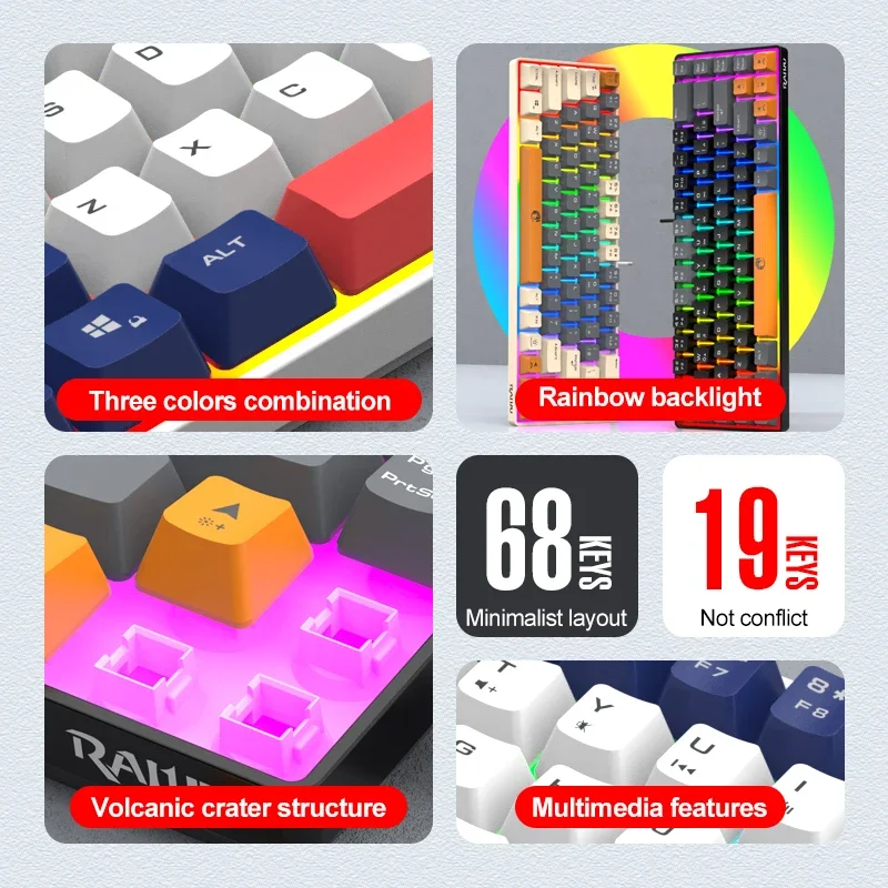 K68 Gaming Keyboard RGB Lighting Mini 60% Esports Wired 68-Key Membrane Keyboard, with Dual-Color Keycaps and Color Backlight