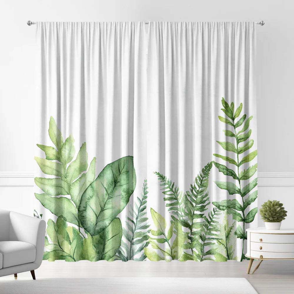 Watercolor Green Fern & Tropical Leaf Curtains Set of 2 Rod Pocket Nordic Minimalist Window Treatment for Living Room Bedroom