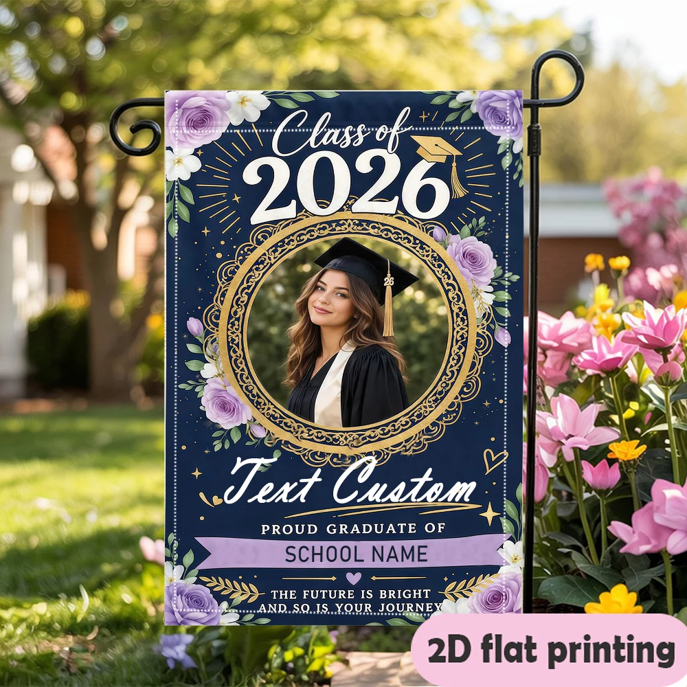 Garden flag custom Name Photo And School Name Navy Purple Floral Graduation Flag With Purple Roses Photography booth props