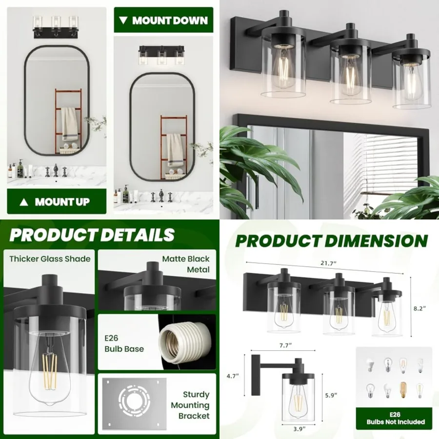 Bathroom Vanity Light, 3 Light Matte Vanity Light Fixture Clear Glass Shade, 22 in Modern＆Farmhous Vanity Lights, Bathroom Ligh