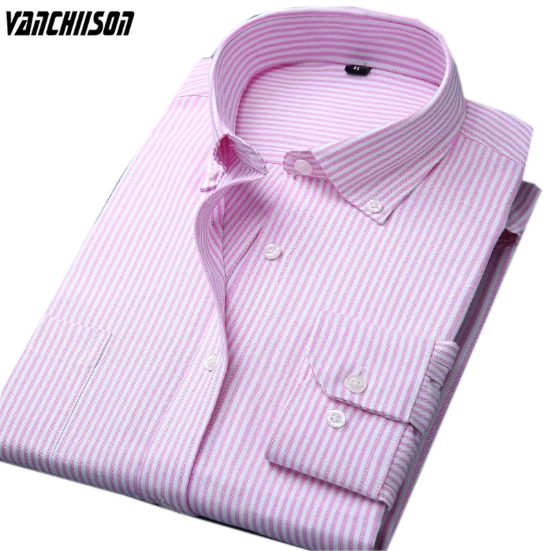 

Men Casual Shirt Office Work for Summer Spring Oxford Fabric Long Sleeve Stripes Pink Male Fashion Clothing 00561