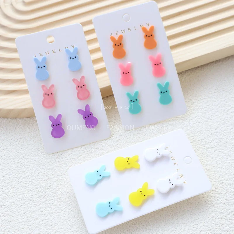 3 Pairs Eater Acrylic Egg Rabbit Stud Earrings Set Cute Funny Colorful Cartoon Eater Acrylic Bunny Earrings Jewelry - 3Pair/Set