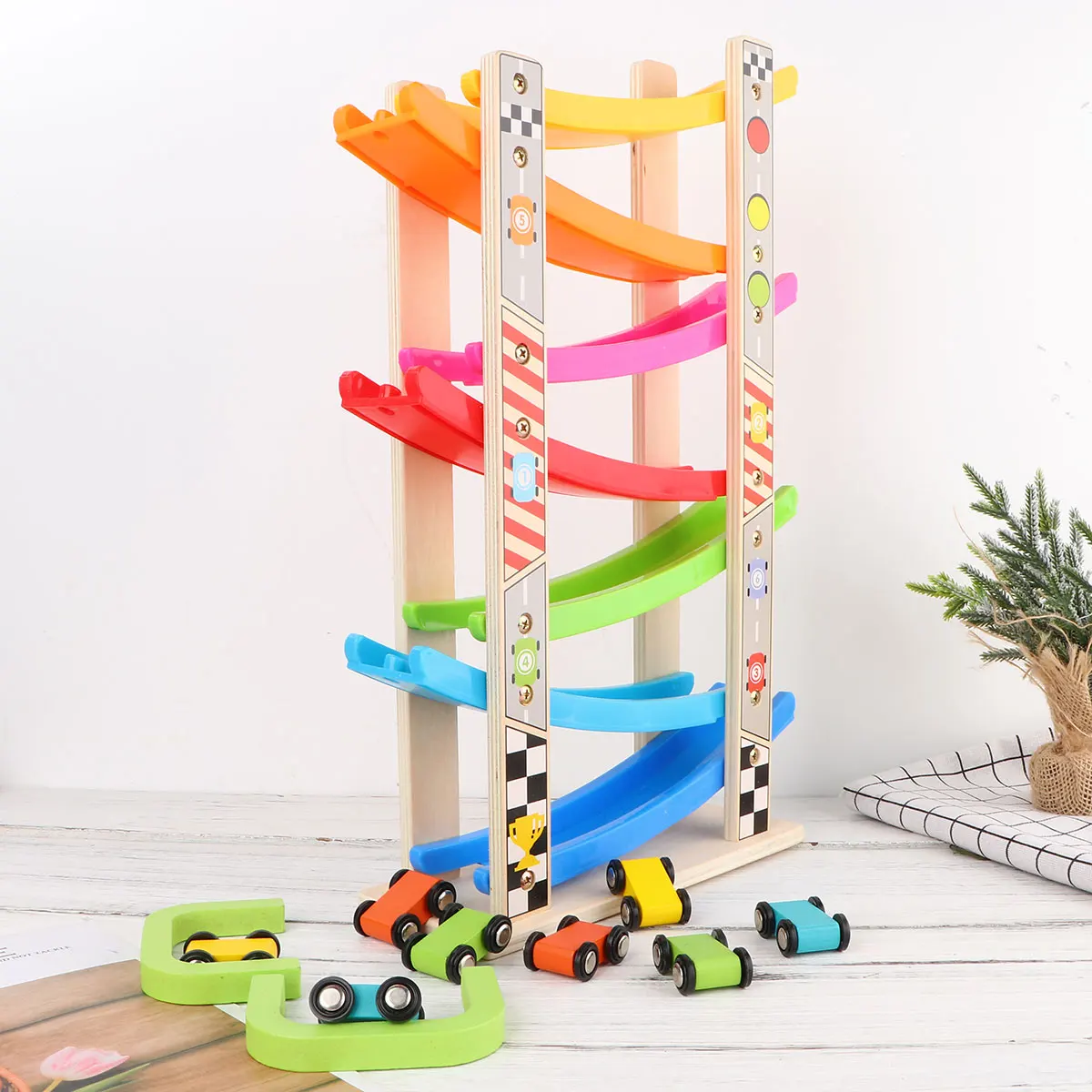 

1 Set Wooden Gliding Car Inertia Colorful Educational Track Block For Kids Round Corner Cartoon Pattern Safe Premium
