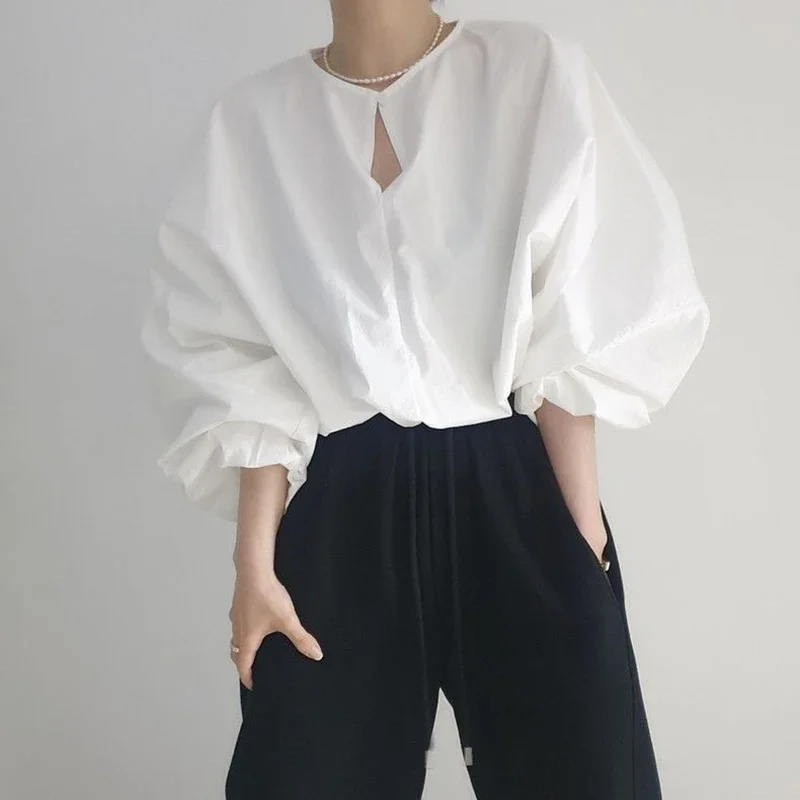 Elegant Cropped White Shirts Women Vintage Korean Lantern Sleeve Blouses Office Ladies Aesthetic Casual All Match Chic Tops New