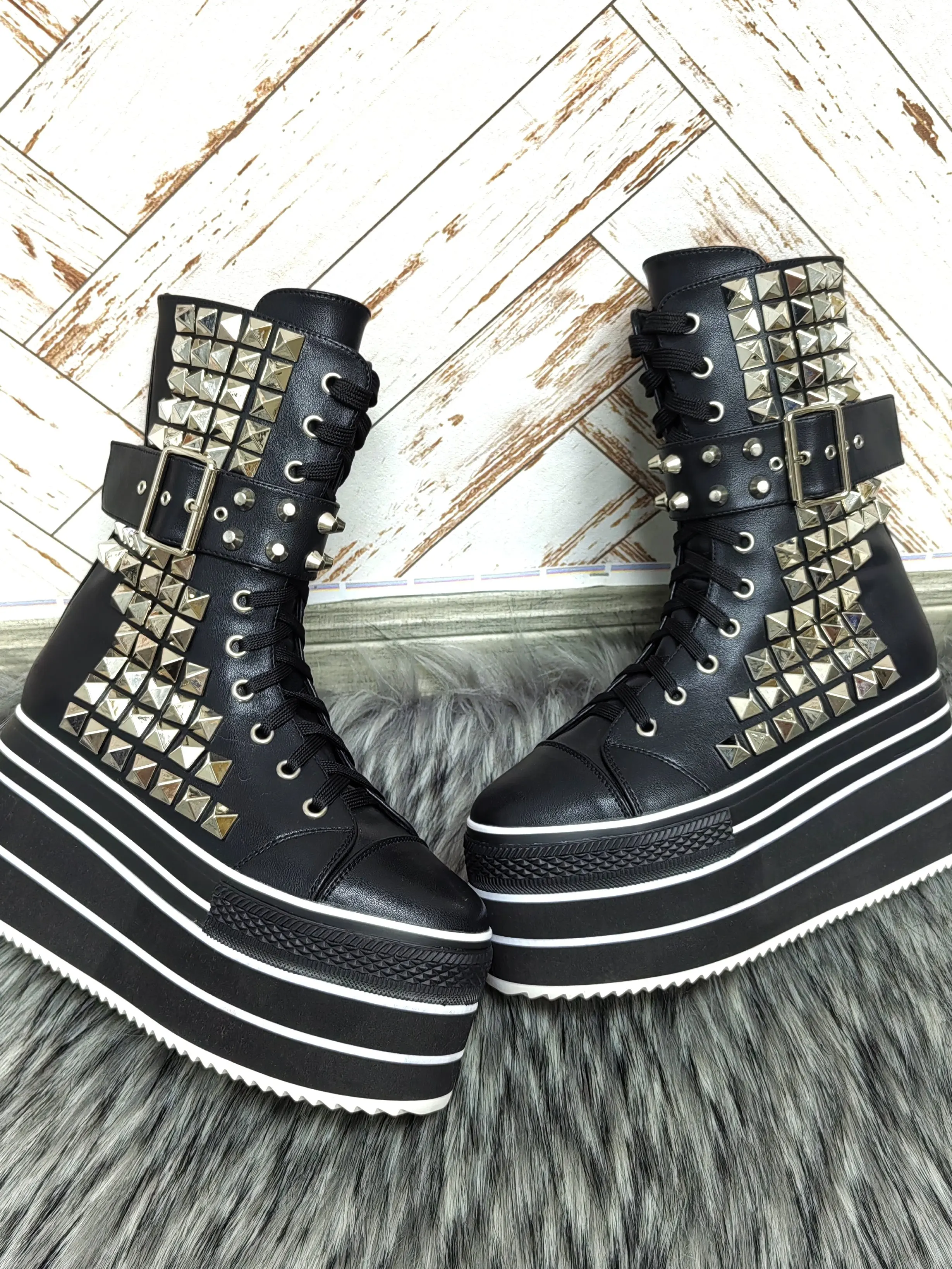 Women's Punk Style Black Platform Mid-calf Boots With Studded & Buckle Details Round Toe Lace-up Design Boots
