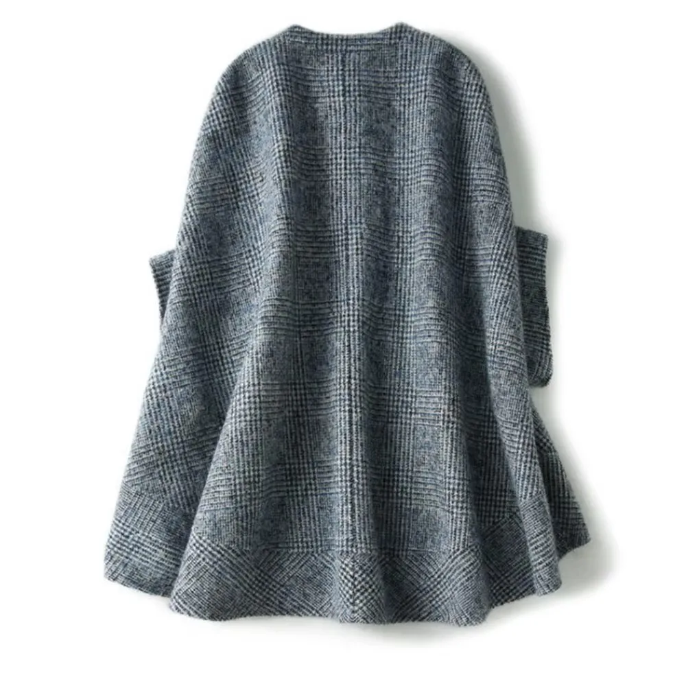 Manteau en laine à carreaux Everak pour femme, veste mi-longue, poncho à boutons, col rond, manches 3/4, élégant, mode automne et hiver