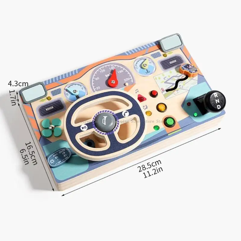 木製ステアリングホイールアクティビティボードおもちゃ LEDライト付きカラフルなボタン付き子供用ロールプレイ想像力アクティビティ楽しい