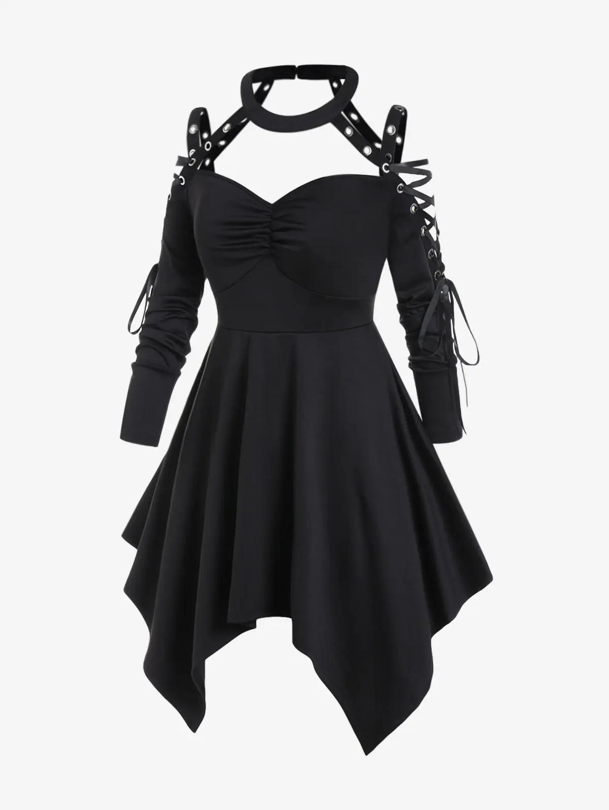 ROSEGAL Plus Size Gothic Asymmetrical Women's Clothing Long Tops Choker Lace Up Cutout Dress Black Tees Dual Use