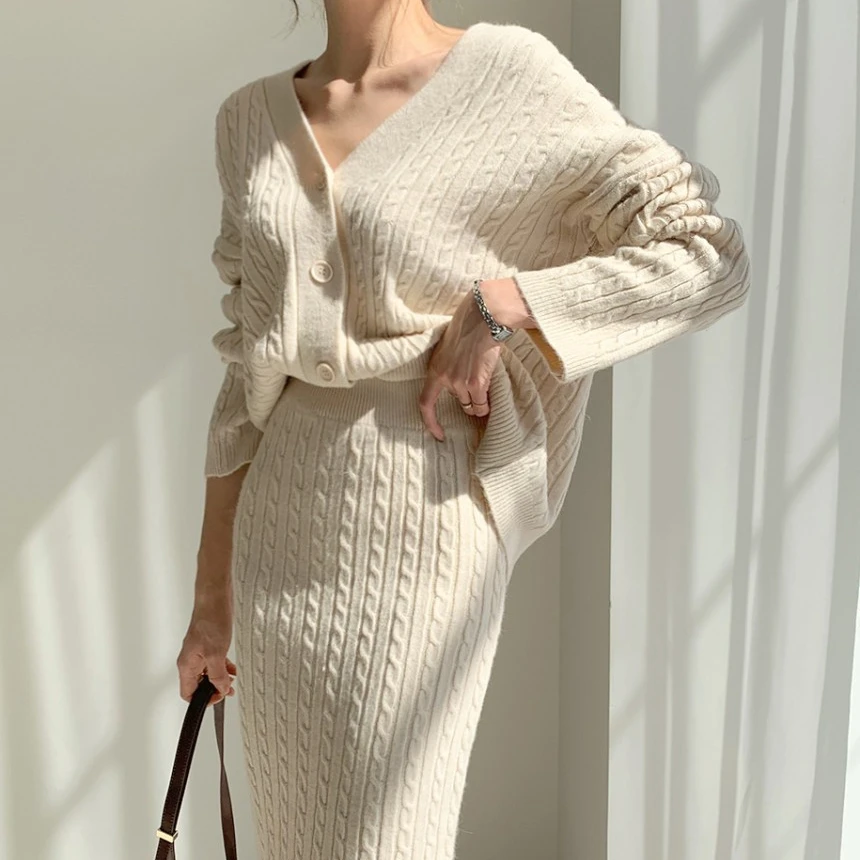 Women's Skirt Suits Luxury Fashion Commuter V-neck Single Breasted Loose Sweater Knit Cardigan Slim Fit Skirt 2pcs Matching Set