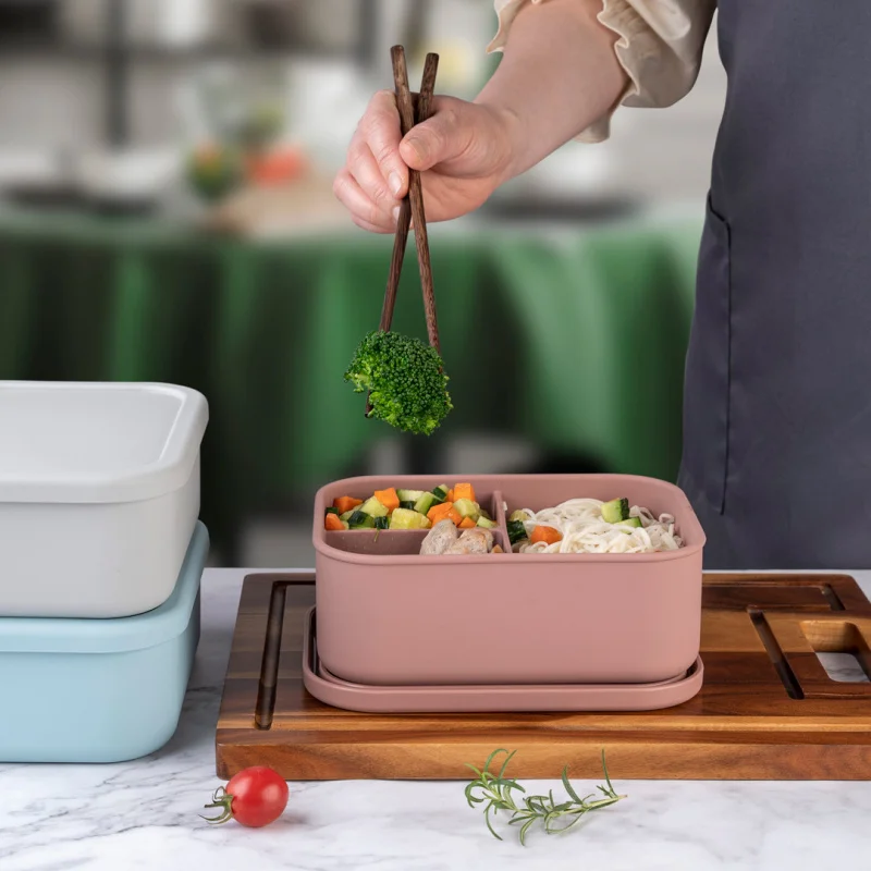 

Durable 3 Compartments Silicone Lunch Box Rectangular Microwavable Lunch Container Heat Resistant Picnic box Office