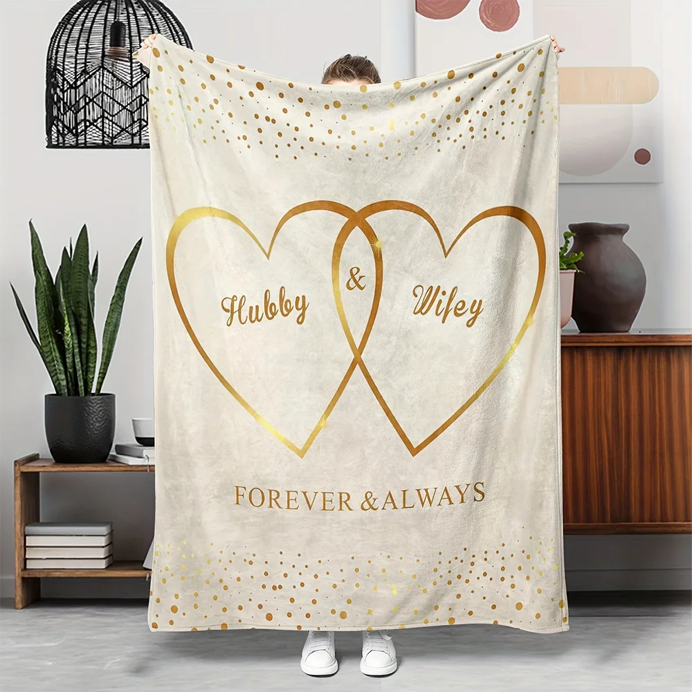 

1pc Hubby & Wifey Forever & Always Romantic Flannel Blanket, Linked Gold Heart Warm Throw Blanket for