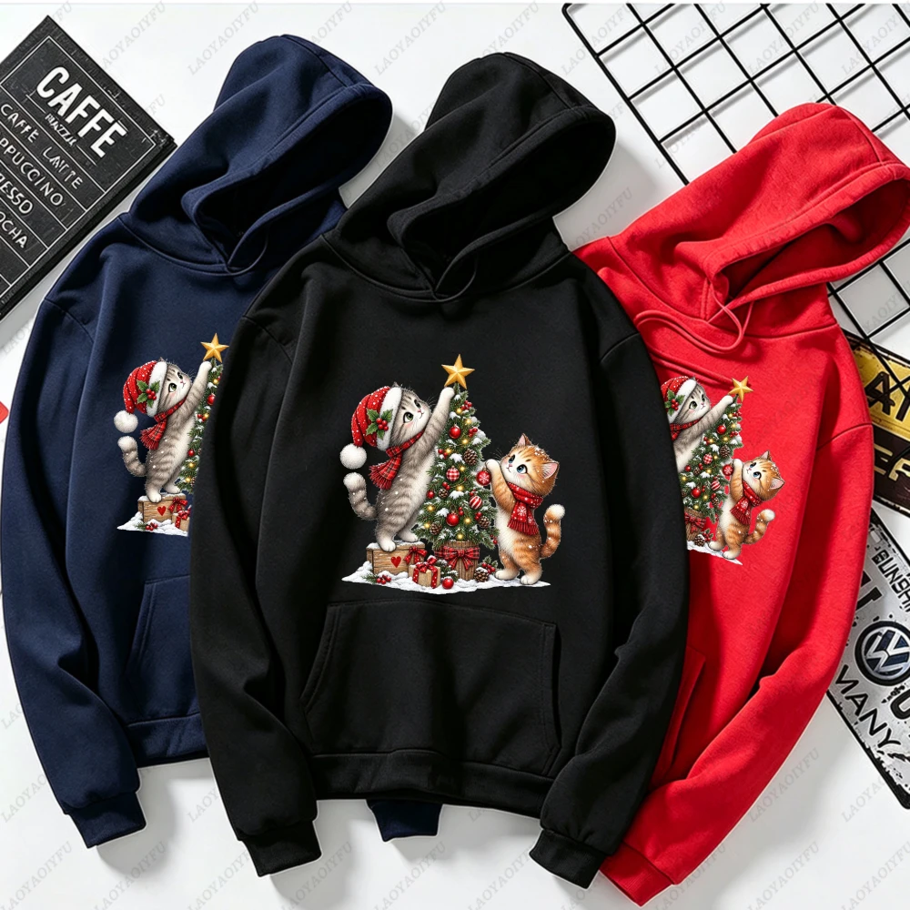 Christmas Cat Decorating Tree Cute Kitten Santa Hat Graphic Hoodie Women Casual Long Sleeve Pullover Fun Xmas Pet Lover Hoodie