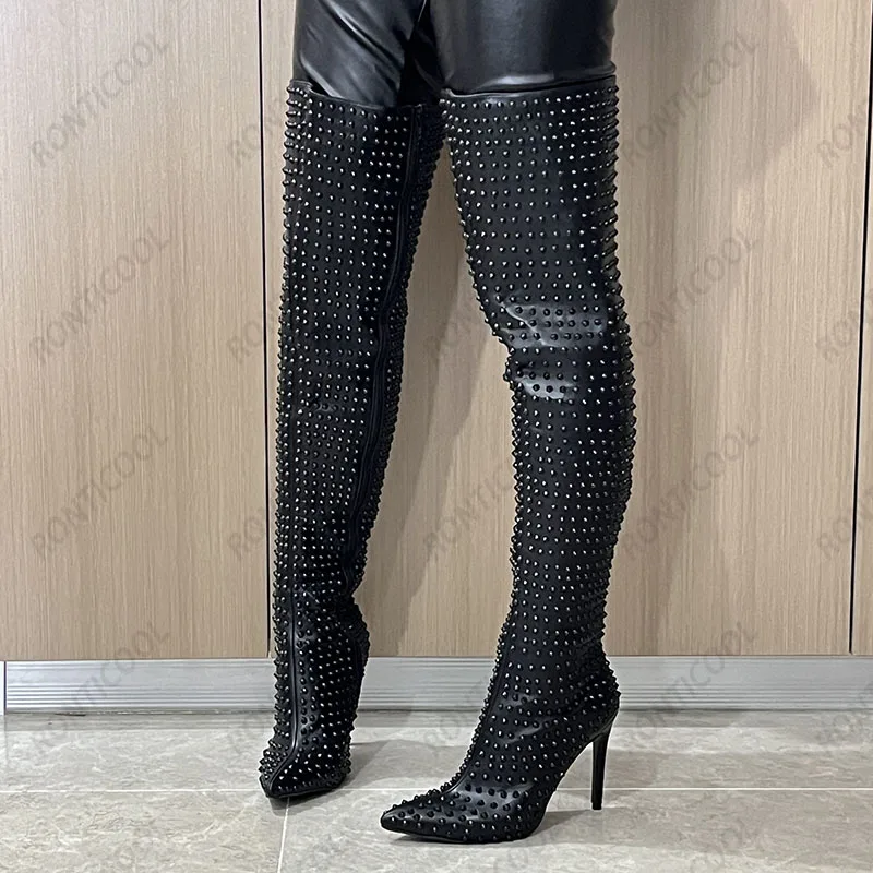 Ronticool Handmade Women Winter Thigh Boots Sexy Stiletto Heels Pointed Toe Black Banquet Shoes Ladies Us Plus Size 5-15
