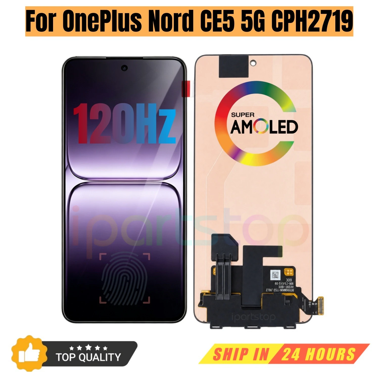 Запасной дисплей iParts для OnePlus Nord CE5 5G CPH2719, AMOLED, 120 Гц, сенсорный экран с передней рамкой в сборе, протестировано OEM.