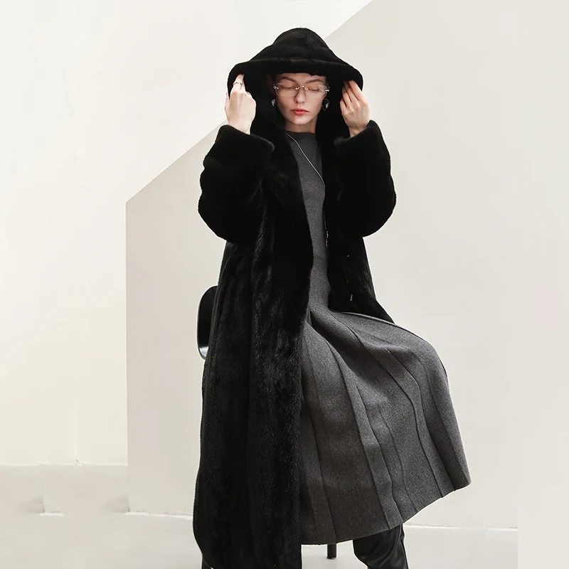 Ftangaiur 겨울 수입 벨벳 밍크 퍼 코트 보르가라메 블랙 퍼 후드 밍크 코트 여성용 중간 사이즈 천연 리얼 밍크 퍼 코트