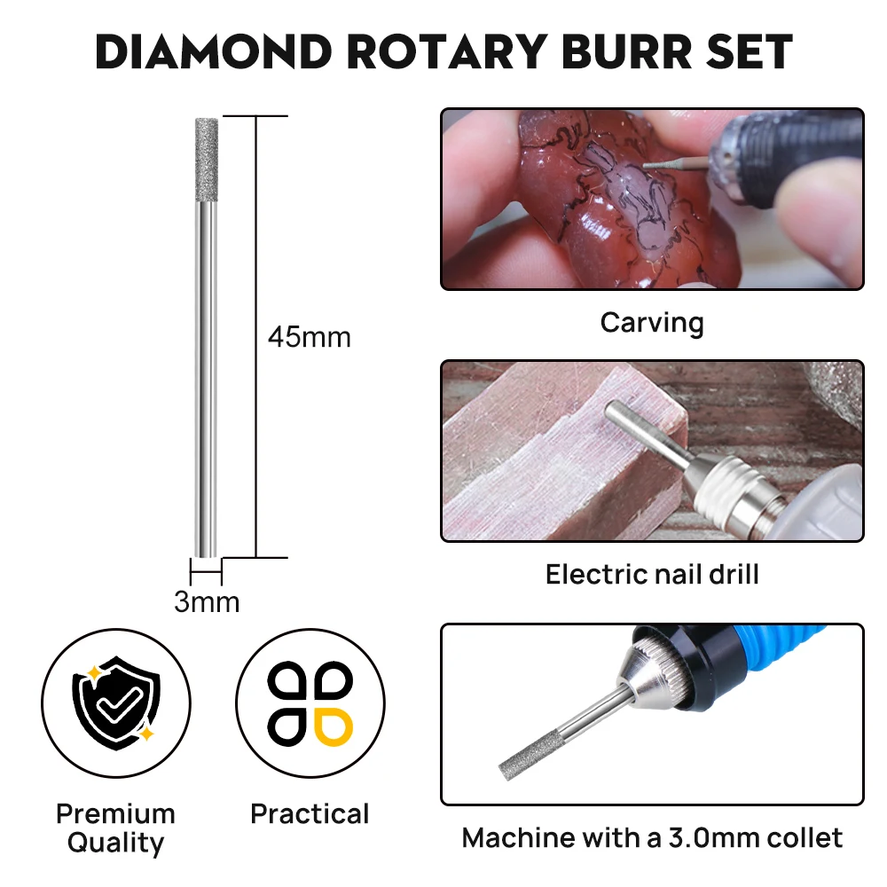 CMCP Diamond Grinding Burr Needle 20/30pcs 3.0mm Shank Point Engraving Carving Polishing Glass Jade Stone Drill Bit Rotary Tool