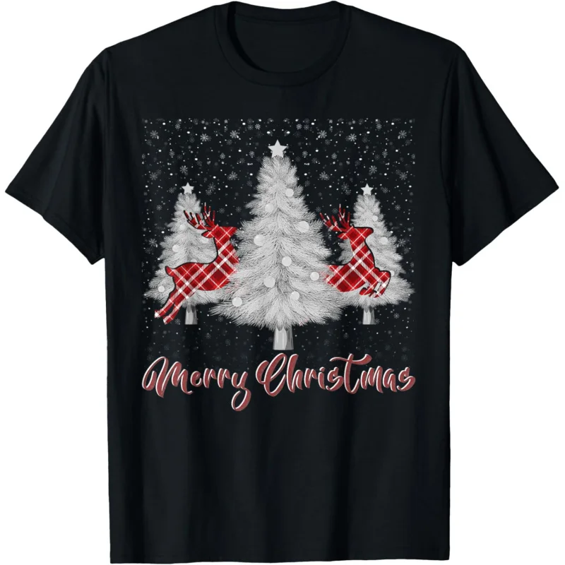 

Merry Christmas Women's Buffalo Pattern Reindeer Tree Printed Short Sleeve Loose T-shirt