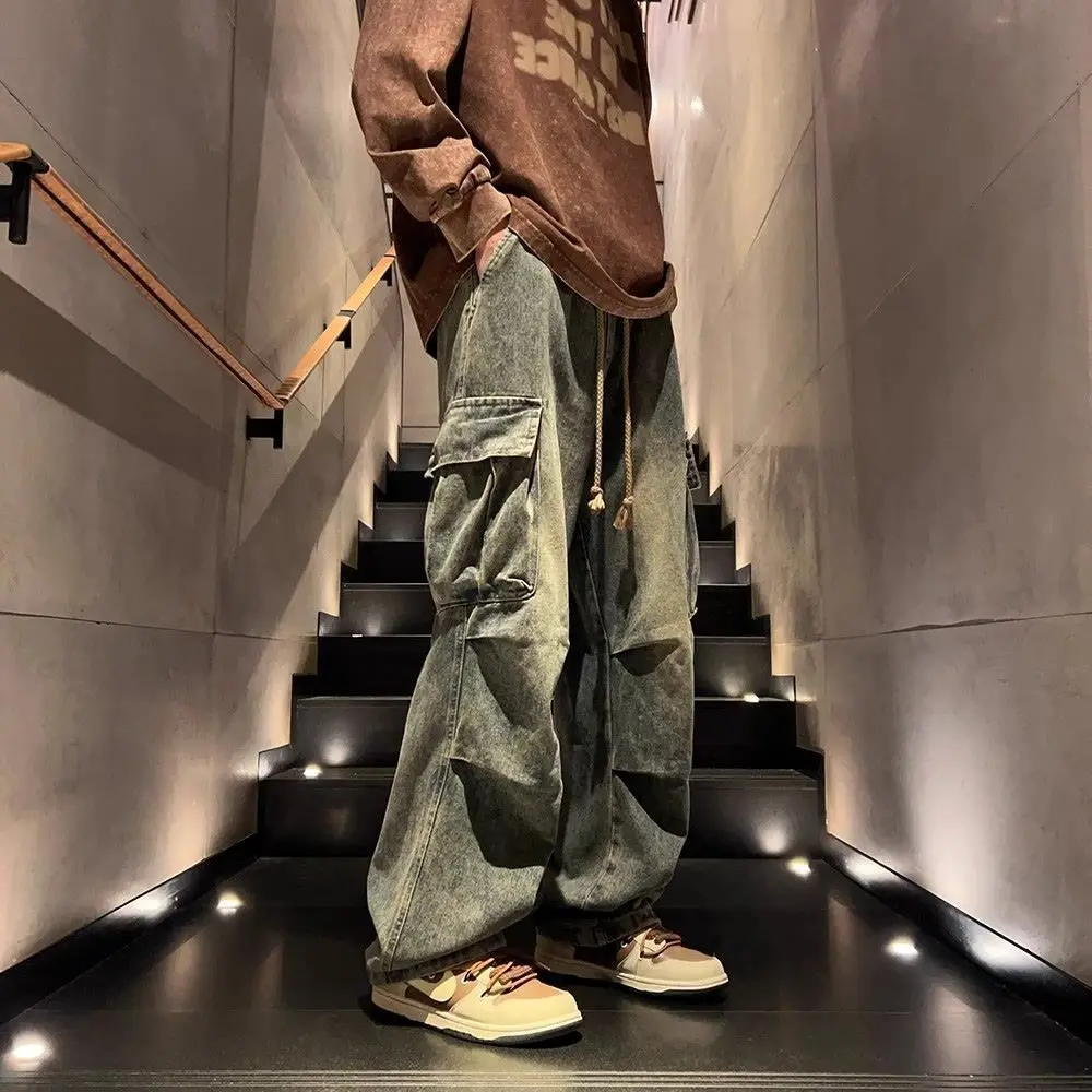 High Street hip-hop ผู้ชายและผู้หญิงอินเทรนด์บุคลิกภาพกระเป๋าขนาดใหญ่ขาตรงล้างกางเกงยีนส์คู่ Retro Casual กางเกง y2k