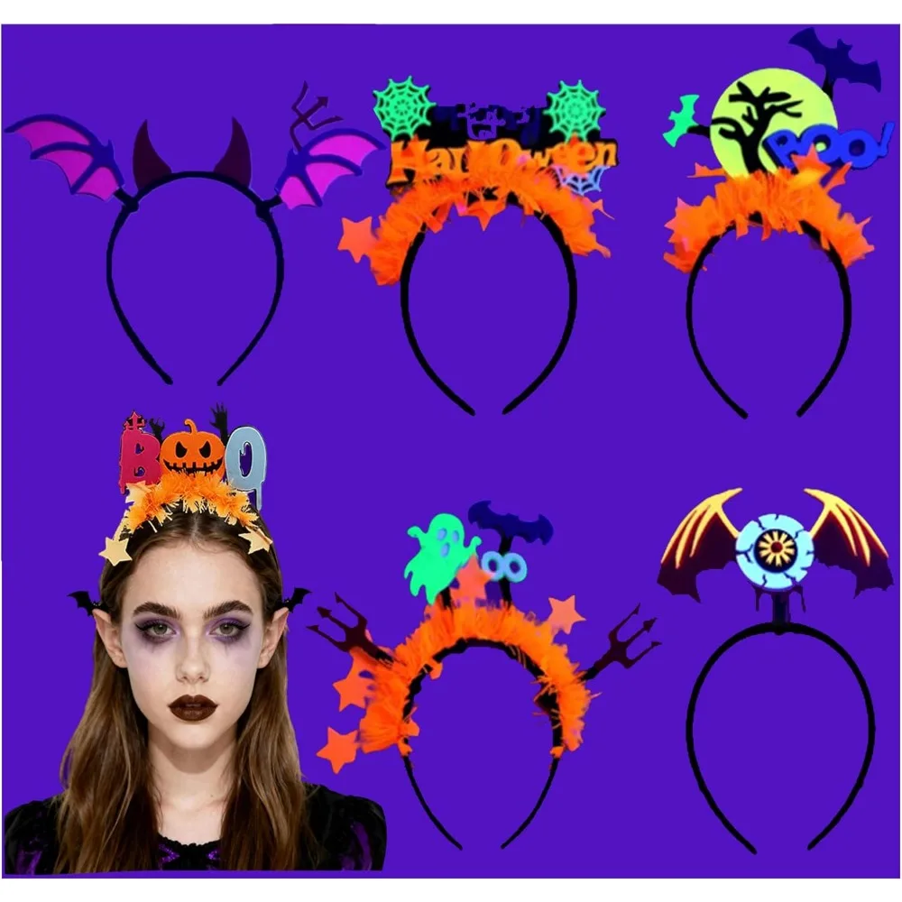 

6Pcs Glow in the Dark Halloween Headbands Bulk Glow Headbands Bat Ghost Skull Eyeball Devil Headband for Halloween Costume Acces