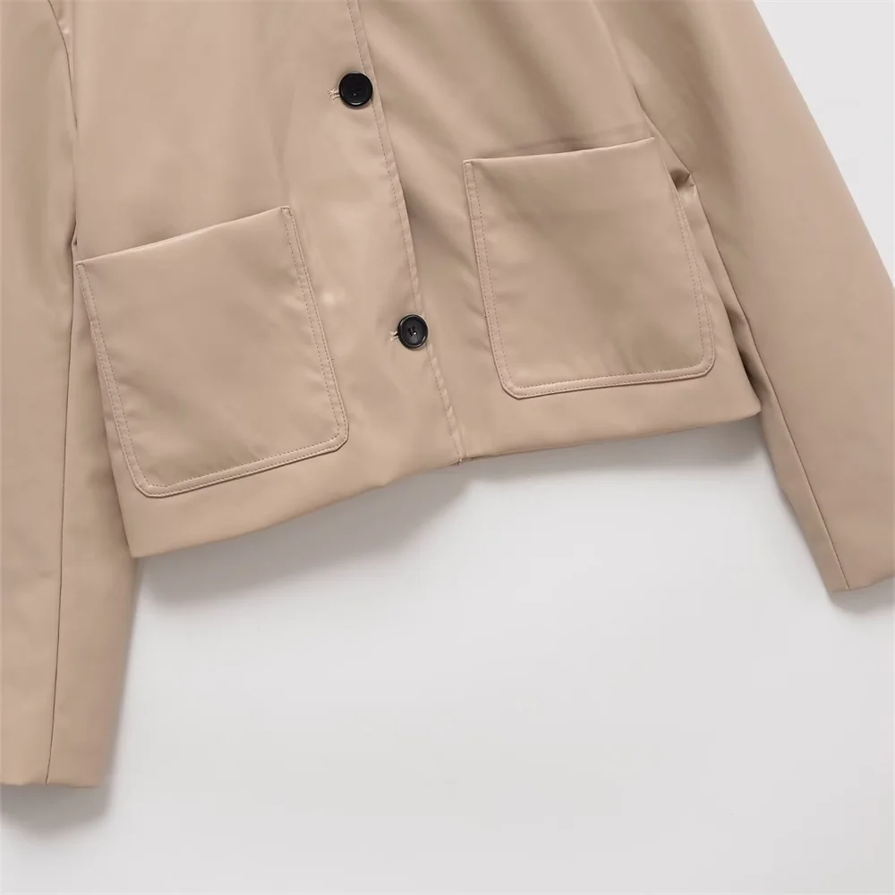 BMURHMZA レディース新作 シャツカラー 長袖 シングルブレスト スマート通勤スタイル ショート丈 テクスチャPUレザー風ジャケット