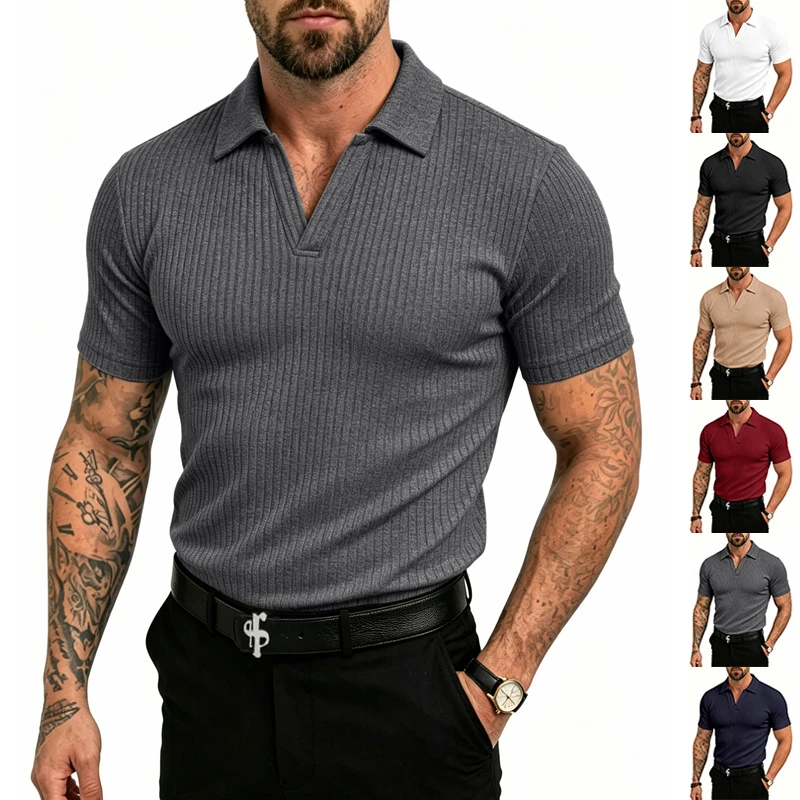 Herren 1-teiliges Gestricktes V-Ausschnitt Kurzarm Slim-Fit Atmungsaktives Eisseide Schnelltrocknendes Golf Business Casual Poloshirt – Detail 1