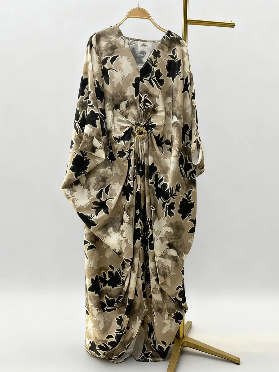 TWOTWINSTYLE Afdrukken Gesplitste Plooien Temperament Jurken voor Vrouwen V-hals Halve Mouwen Patchwork Lovertjes Lange Jurk Vrouwelijke Nieuwe