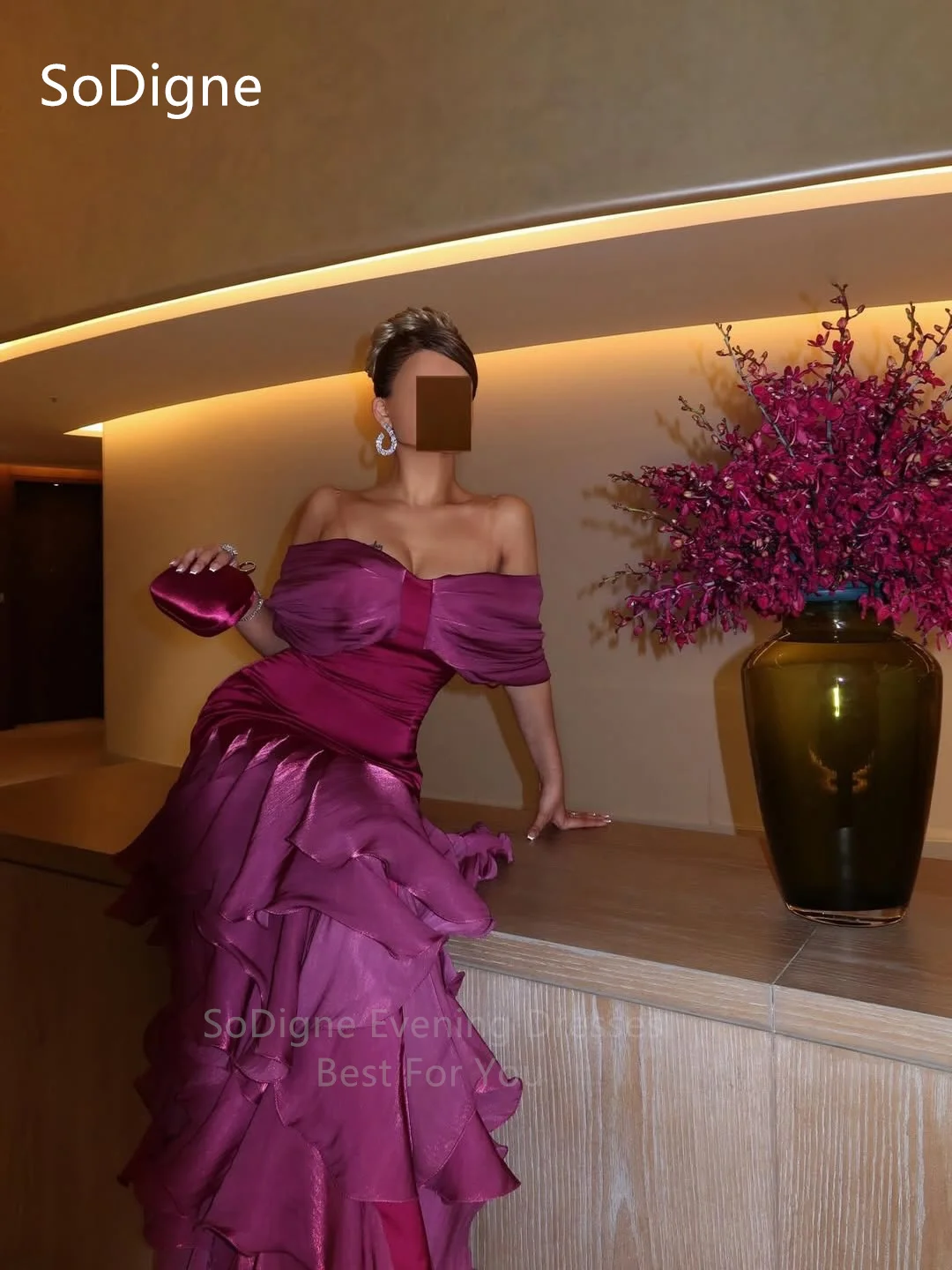 SoDigne فساتين حفلة موسيقية أرجوانية أنيقة بفيونكة قبالة الكتف فستان الحفلات مثير الكشكشة حورية البحر فساتين حفلات مخصصة