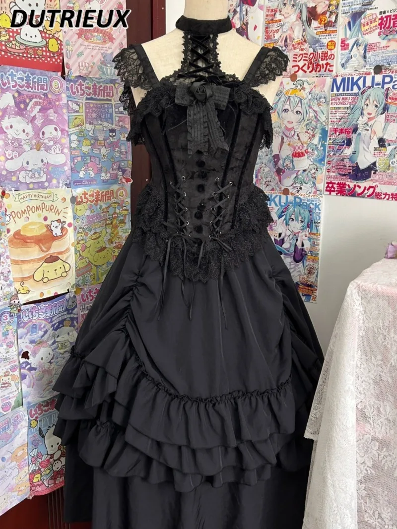 Japanese Lolita Personality Punk Court Gothic Lace Long Skirt Sweet and Cute Girls Versatile Solid Color Elastic Waist Skirts