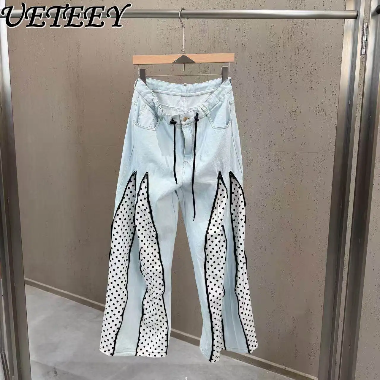 

2026 Spring/Summer New Polka Dot Patchwork Pants Invisible Zipper Two-Way Slit Design Street Style Trendy Hot Girl Jeans
