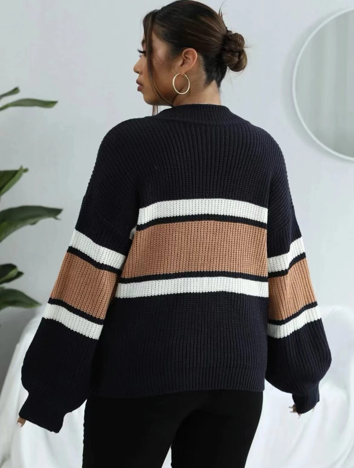 Stylish Striped Zip Up Sweater Casual Loose Long Sleeve Sweater Casual Tops For Fall & Winter Women\'s Clothing